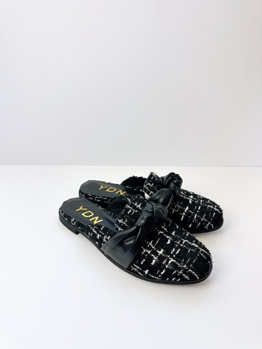 Size 9 Women’s Black Tweed Mules – Knot Bow Slip-On Flats, Round Toe Low Hee YDN